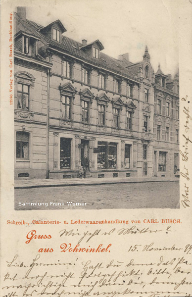 Die Schreibwarenhandlung von Carl Busch an der Kaiserstraße 15 in Vohwinkel auf einer Postkarte von 1899 (Sammlung Frank Werner)