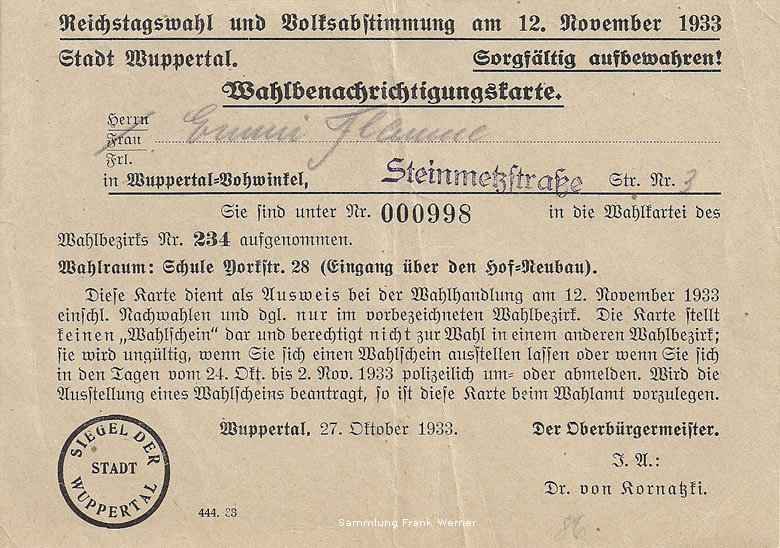 Wahlbenachrichtigungskarte zur Reichstagswahl und Volksabstimmung am 12. November 1933 (Sammlung Frank Werner)